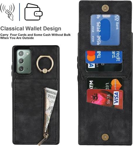 Vista 4 de Asuwish Funda de teléfono para Samsung Galaxy Note 20 5G con protector de pantalla de vidrio templado y cremallera RFID tarjetero soporte de anillo