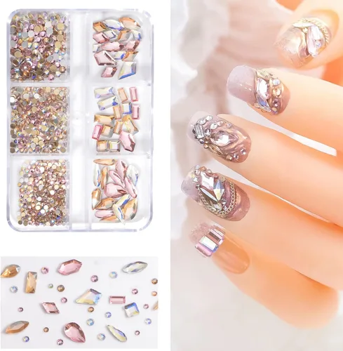 Vista 7 de Diamantes de imitación para uñas, gemas para arte de uñas, cristales rosas Ab, cristales de cristal multiformas, diamantes de imitación de parte