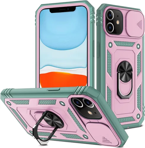 Vista 26 de Funda para iPhone 11, soporte giratorio y cubierta deslizante Verde Rosa