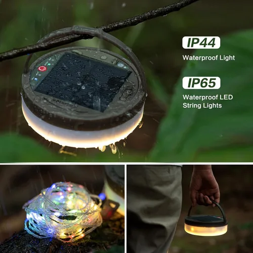 Vista 6 de Cadena de luces solares para campamento, 4 en 1, cadena de luces para acampar al aire libre (39.4 pies) con 8 modos de iluminación, funciona