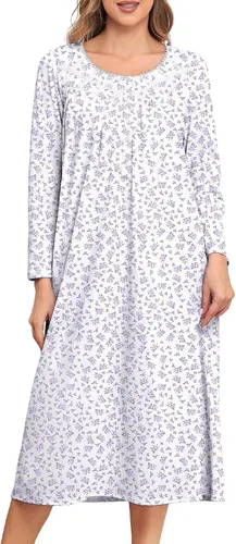 Vista 12 de Camisones largos de algodón para mujer, 100% algodón, vestido de noche de manga larga para mujer, ropa de dormir vintage A rosa