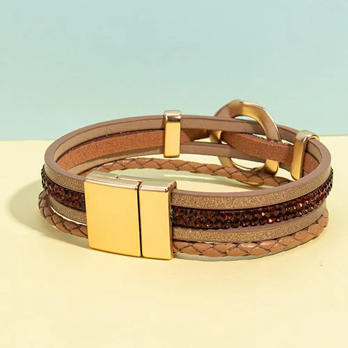 Vista 5 de FANCY SHINY Pulsera de cuero con diamantes de imitación circular, apilable, multicapa, con cierre, joyería bohemia, regalo para mujer