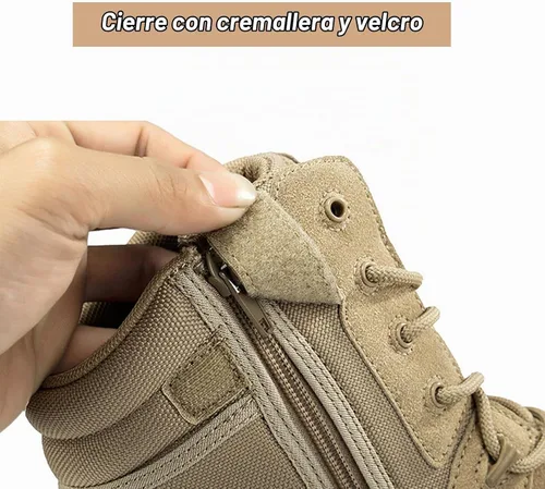 Vista 4 de Kervaky Botas tácticas para hombre, cremallera lateral, fáciles de llevar, al aire libre, trabajo, botas militares, botas tácticas para hombres Beige