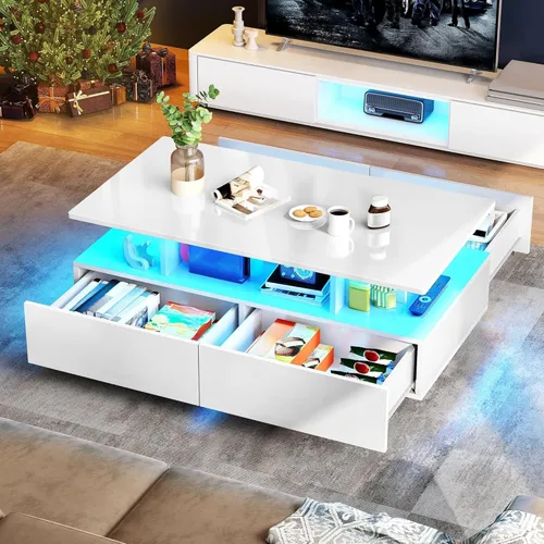 Vista 6 de YITAHOME Mesas de Centro LED para Sala de Estar, Mesa de Centro de Alto Brillo con Almacenamiento de 4 Cajones Deslizantes, Mesa de Centro LED