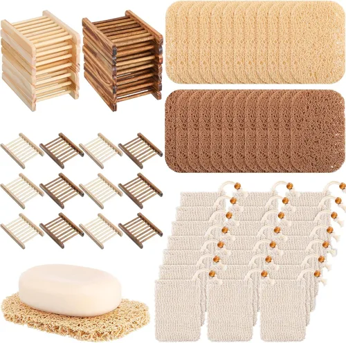 Vista 7 de Juego de 60 piezas de protector de jabón que incluye plato de madera, bolsa exfoliante, almohadillas protectoras a granel con autodrenaje, bolsa