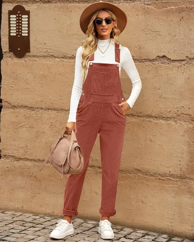 Vista 4 de LookbookStore Overol de pana para mujer, con tirantes ajustables, overol de moda con bolsillo