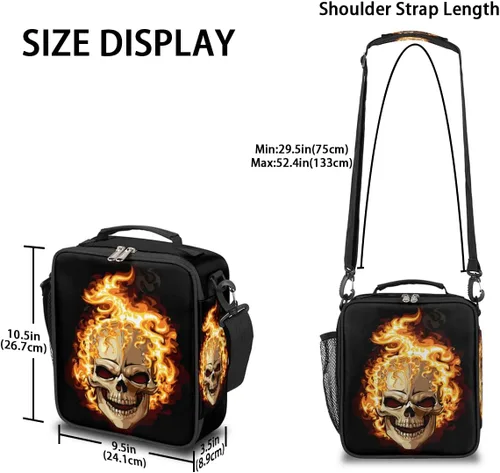 Vista 3 de Pardick Divertida bolsa de almuerzo aislada con calavera de fuego para adolescentes y niños, lonchera portátil reutilizable con correa