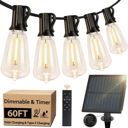 Vista 10 de 100 pies de luces de cadena solar para exteriores con control remoto, luces LED recargables por USB para patio con 52 bombillas ST38 Edison