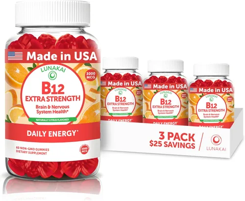 Vista 10 de Lunakai Gomitas de vitamina B12 extra fuertes de 3000 mcg, hechas en Estados Unidos, delicioso apoyo diario de energía y metabolismo, suplemento