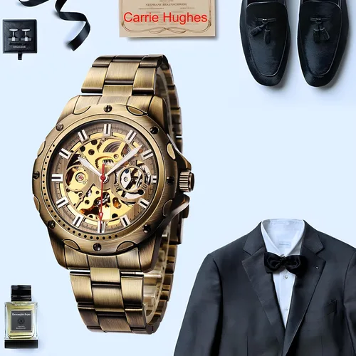 Vista 5 de Reloj automático de acero de aleación de bronce vintage para hombre CH19-S, CH19-S, Lujo, moda, casual, negocios, steampunk