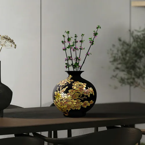 Vista 3 de ECYC Florero de cerámica de mesa hecho a mano brillante peonía pastel floreros de porcelana negra esmalte de cristal floreros decoración del hogar