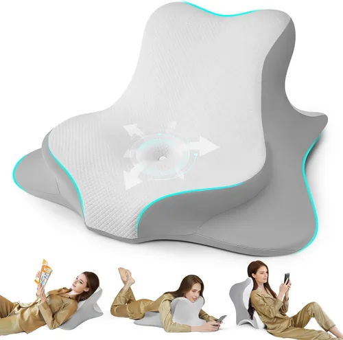 Vista 10 de Almohada de lectura para cama, para estar acostado, inclinado y boca abajo, almohada ergonómica de espuma viscoelástica en cuña para cabecero Gris
