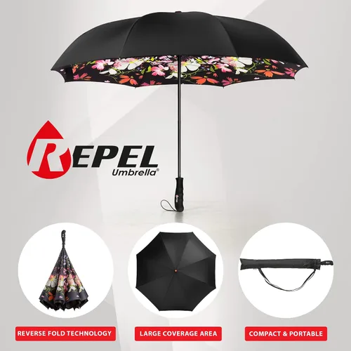 Vista 2 de Repel Umbrella Reverse Umbrella - Upside Down Inverted Reversible Wind Resistant Design - Teflon Canopy - Windproof Umbrella with Fiberglass Ribs