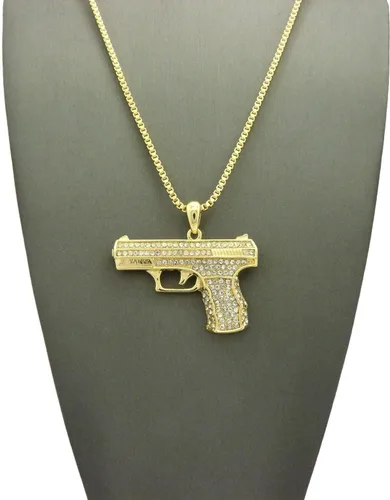 Vista 3 de Mens Iced Out ametralladora AK47Chopper, arma Uzi, pistola de mano, caja colgante, cuerda, cadena cubana, set de 3 collares con dije