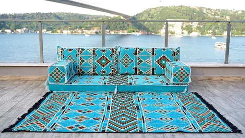 Vista 2 de arabicsofa Asientos de piso oriental para habitación de invitados - Sofá Majlis de asientos bajos turquesa
