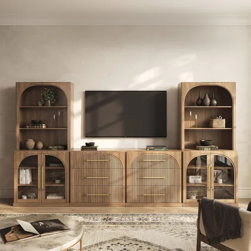 Vista 81 de BELLEZE Centro de entretenimiento modular de 4 piezas con almacenamiento, 2 vitrinas de madera moderna con gabinete arqueado y 2 armarios de puerta