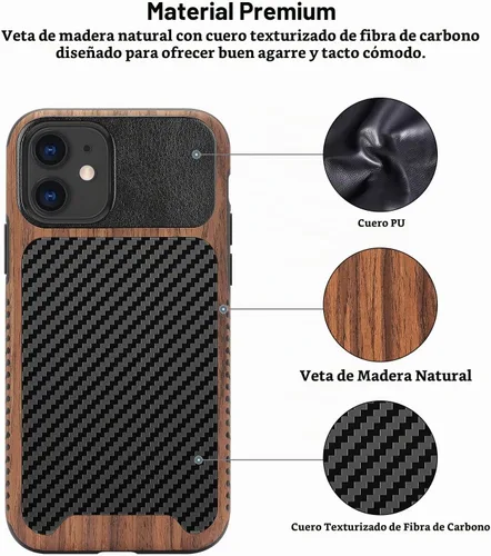 Vista 2 de Funda magnética compatible con iPhone 11 [Compatible con MagSafe] Diseño híbrido de madera y cuero con fibra de carbono, funda protectora a prueba