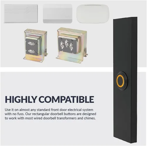 Vista 5 de Newhouse Hardware Botón de timbre de puerta de metal con cable iluminado rectangular en negro BT6RL, para timbre de puerta, zumbador o timbre, solo