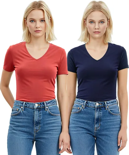 Vista 59 de Emmalise Camiseta de manga corta para mujer, cuello en V, tallas junior y plus