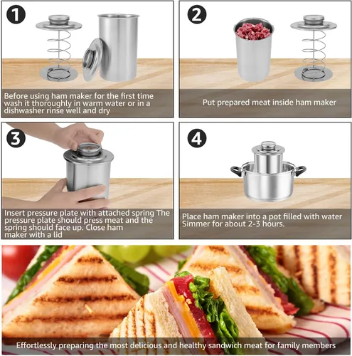 Vista 7 de Ham Maker - Olla de prensa de carne de acero inoxidable para hacer carne casera saludable con un termómetro, forma redonda, molde de prensa de carne