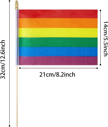 Vista 2 de ZXvZYT Paquete de 12 banderas de arco iris del orgullo, gay, LGBT, pequeñas, de mano, para festivales, fiestas, desfiles (5 x 8 pulgadas)