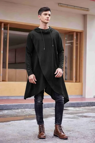 Vista 3 de Coofandy - Sudadera con capucha estilo poncho casual para hombre, con dobladillo asimétrico