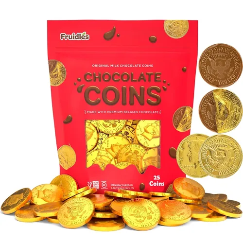 Vista 4 de 25 monedas de chocolate comestibles, chocolate con leche de medio dólar dorado, fabricado con ingredientes belgas de primera calidad, sin nueces