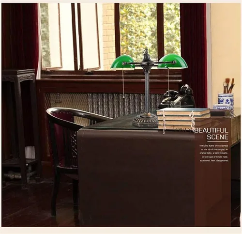 Vista 5 de Vintage Brass Bankers with Emerald Green Glass Shade Art Deco Double Head Table Lamp Indoor Light