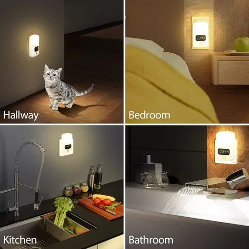 Vista 5 de LUXON Luz nocturna LED con sensor de movimiento con reloj despertador digital, reloj de baño enchufable a la pared 4000 K blanco cálido, sensor