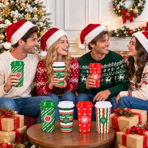 Vista 3 de Yungyan Paquete de 12 tazas de café navideñas con tapas, vasos