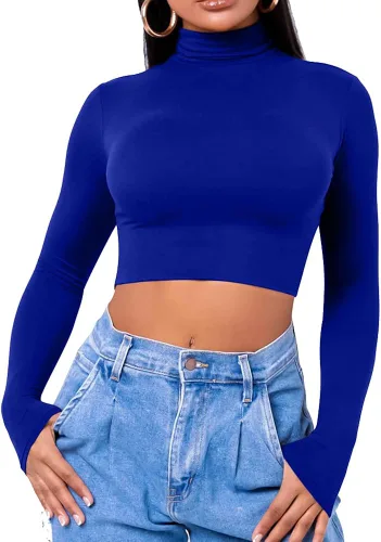 Vista 4 de LCNBA Camiseta corta de manga larga para mujer, cuello alto, sexy, básica, recortada