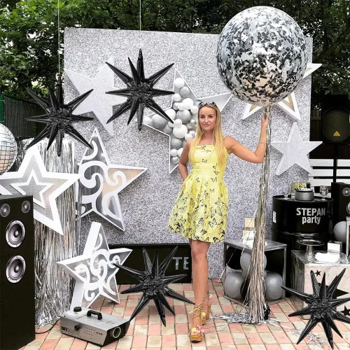 Vista 4 de Globos de aluminio con forma de estrella negra, 6 unidades, globo de explosión de estrella, globo de 22 pulgadas, globos grandes de Mylar