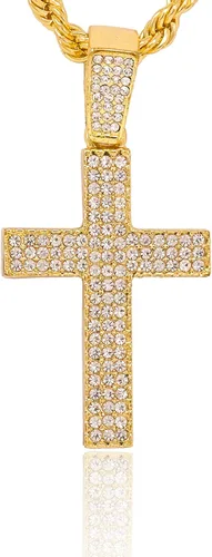 Vista 3 de Techno Pave Reloj de gran tamaño para hombre de 2.047 in con correa de silicona y collar de cruz helada, cadena de cuerda chapada en oro o plata
