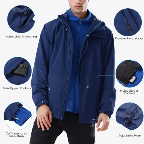 Vista 4 de CAMEL CROWN - Chaqueta de esquí para hombre 3 en 1, chaqueta de invierno impermeable para nieve, cortavientos, con capucha y forro polar cálido Azul