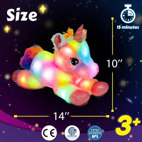 Vista 6 de Easfan Animal de peluche con luces LED de unicornio con luces nocturnas coloridas que brillan en la oscuridad, festival de cumpleaños para niños