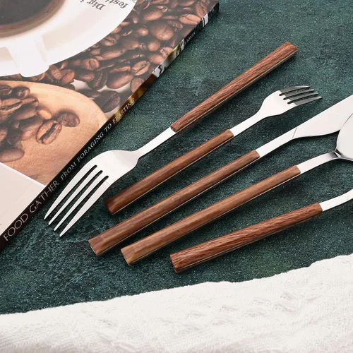 Vista 5 de Juego de cubiertos con cuchillos para carne, 48 piezas, juego de cubiertos para 8 cubiertos de acero inoxidable con mango de grano de madera