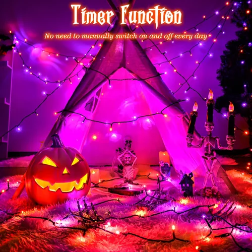 Vista 3 de Luces de Cadena de Halloween Total 100LED Operadas por Batería Exteriores 8 Modos con Temporizador 16.4Pies*2, 50LED*2 Luces de Hadas Impermeables