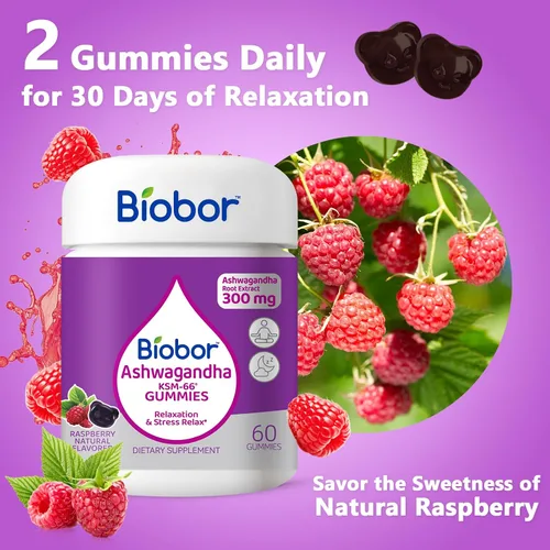 Vista 3 de Biobor Gomitas Ashwagandha, extracto de raíz de Ashwagandha KSM-66 con vitamina D3, apoyo de relajación y apoyo inmunológico para adultos, sin OMG