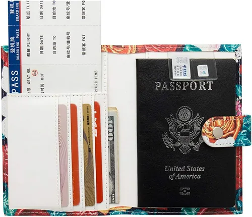 Vista 4 de Funda para pasaporte de viaje, con bloqueo RFID, piel sintética, con botón a presión, funda protectora para tarjeta de identificación, Rosa, Cartera