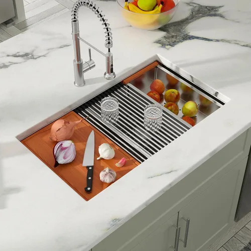Vista 3 de Dcolora DC-U-1111 - Fregadero de cocina de 33 pulgadas con doble tazón, estación de trabajo de acero inoxidable 50/50 dividida baja dividida calibre