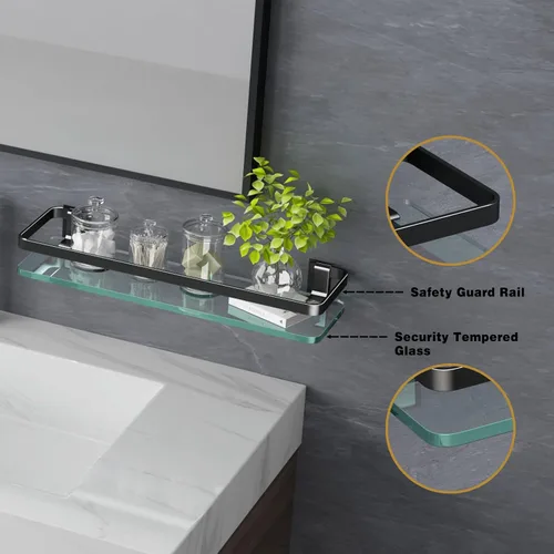 Vista 4 de VOLPONE Estante de pared de baño de 15.7 pulgadas, estantes de vidrio para baño montaje en pared, estante de vidrio a prueba de óxido, organizador
