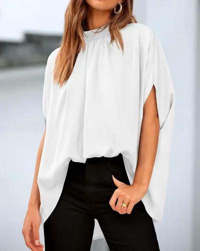 Vista 156 de BTFBM Blusas de verano para mujer, cuello alto falso, manga murciélago, holgadas, dobladillo alto y bajo, blusas informales de gran