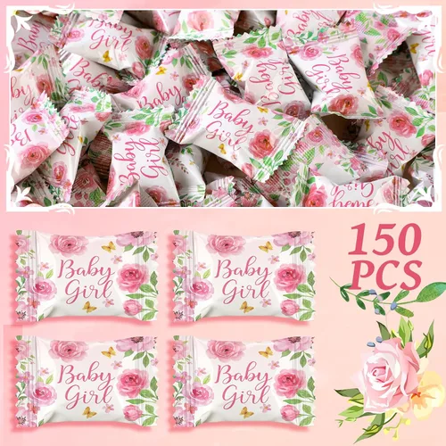 Vista 2 de Naucoos Dulces de baby shower para niña, bolsa de 26.5 onzas, 150 mentas duras a suaves, envueltas individualmente, caramelos rosados para baby