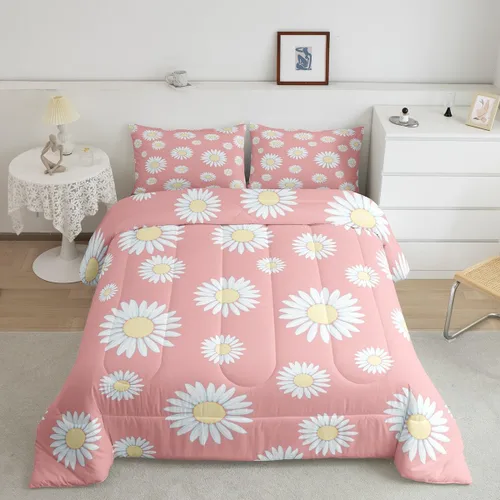 Vista 10 de Erosebridal Juego de edredón de abeja de dibujos animados, tamaño individual, juego de ropa de cama floral de margarita blanca lisa para niños