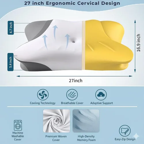 Vista 6 de Almohada cervical para el cuello para aliviar el dolor: almohada ergonómica de espuma viscoelástica para dormir, almohada ortopédica de apoyo