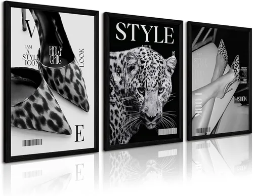 Vista 13 de Arte de pared de leopardo de moda, decoración de pared de guepardo blanco y negro, pósteres de lienzo estéticos de moda, impresiones de estocolmo