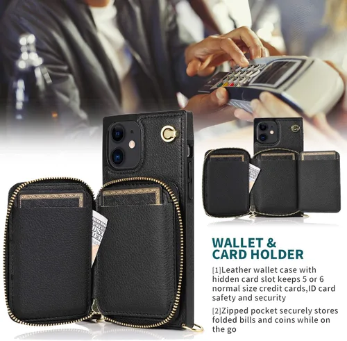 Vista 4 de Asuwish Funda de teléfono para iPhone 13 Mini de 5.4 pulgadas con protector de pantalla y soporte para tarjetas con cremallera, soporte de ranura