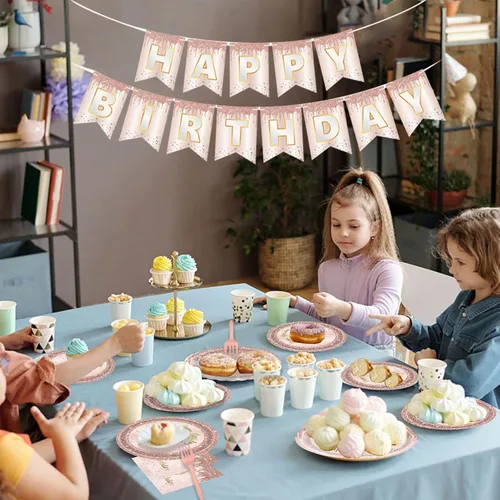 Vista 5 de 24 juegos de decoración de cumpleaños de oro rosa para niñas 1 juego de platos y servilletas y tenedores suministros de fiesta para niños de 1 año