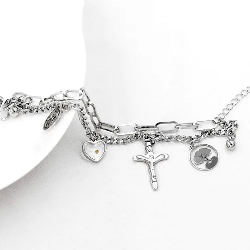 Vista 3 de Encantos Jesús Crucifijo Cruz Eslabón Cadena Pulsera Árbol de la Vida Brazaletes, Acero Inoxidable, Semilla de Mostaza Joyería Cristiana ZY077
