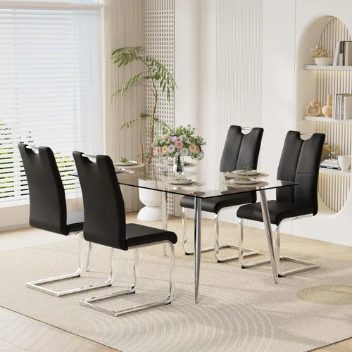 Vista 35 de Juego de mesa de comedor moderno de 51 pulgadas para 4 mesas rectangulares de cristal con 4 sillas tapizadas de cuero, asientos 4 ideales para Beige